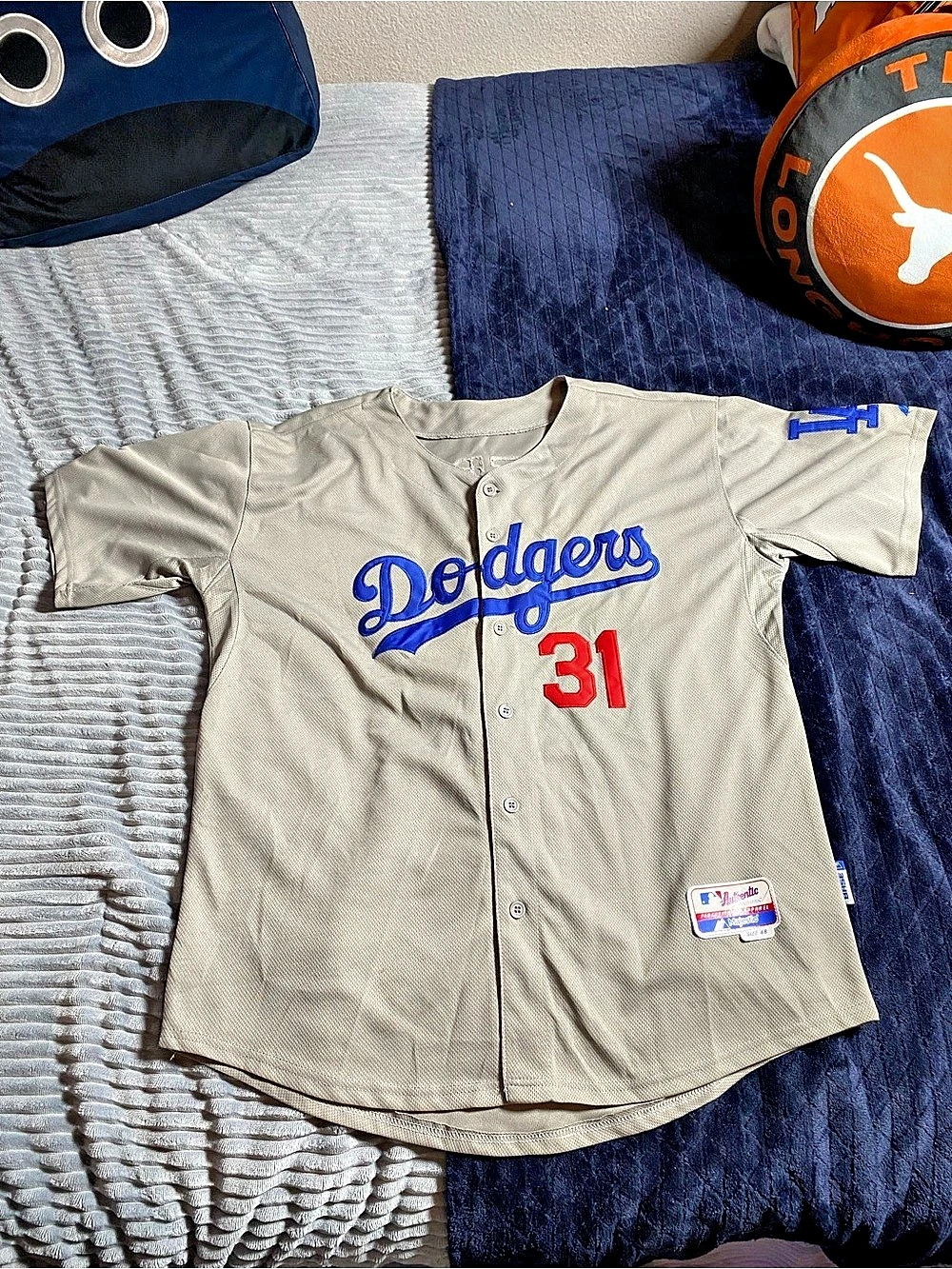 Majestic Adrian Gonzalez #31 Dodgers jersey Men's Gray & Blue Size 48